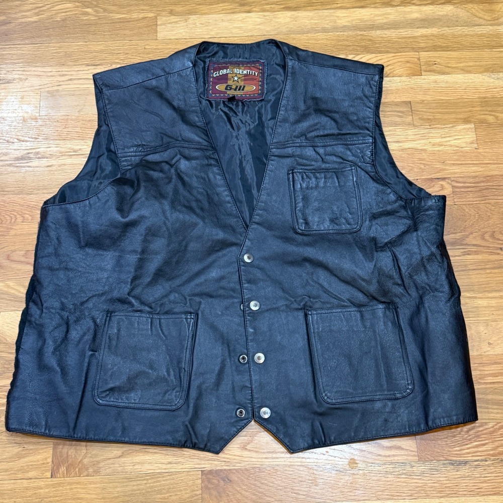 Global Identity G-III Mens Black Leather Biker Vest Multi Pocket Size 4X